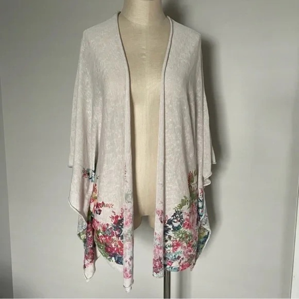 Elena Baldi Floral Kimono Womens L Beige Lagenlook Open Front Made In Italy